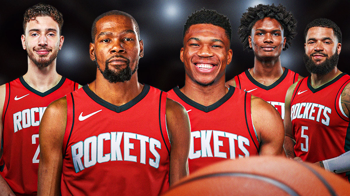 Kevin Durant, Giannis Antetokounmpo together photoshopped in Rockets jerseys with Alperen Sengun, Amen Thompson, Fred VanVleet, Rockets logo.