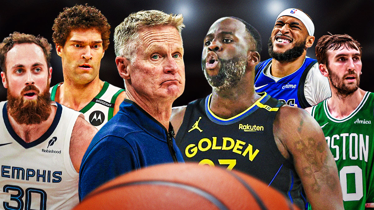 Warriors' Steve Kerr and Draymond Green with Jay Huff, Brook Lopez, Daniel Gafford and Luke Kornet