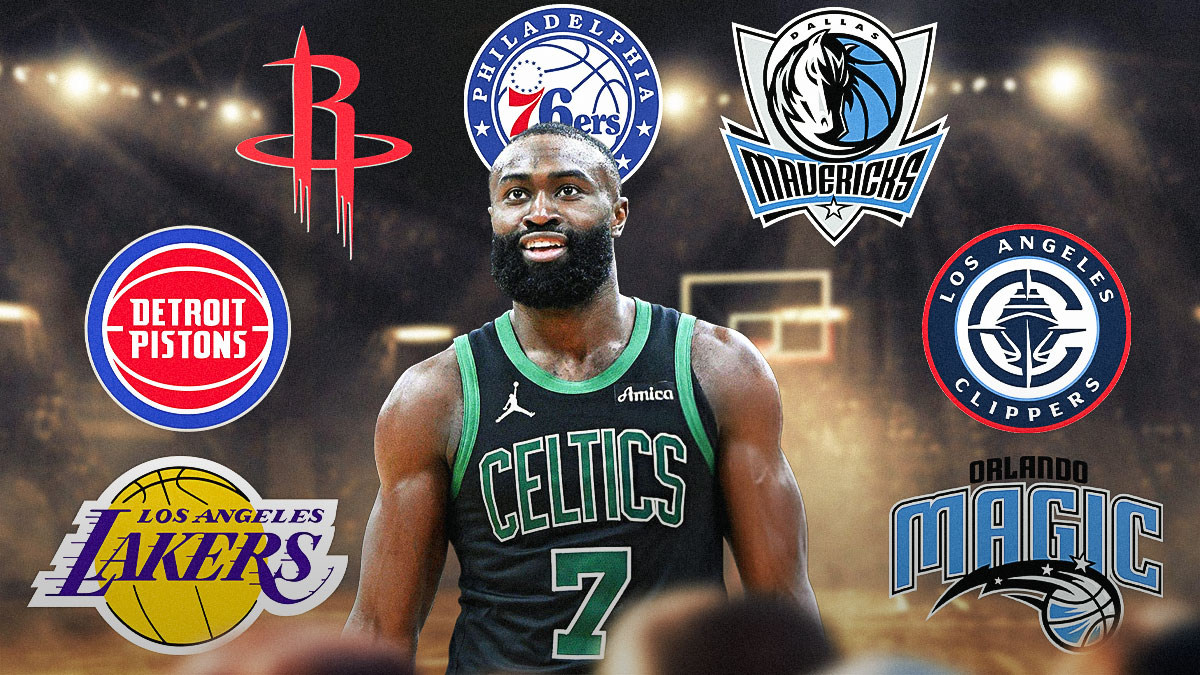 Celtics' Jaylen Brown smiling, with Rockets, Pistons, Lakers, Clippers, Mavs, Magic, 76ers, logos around him
