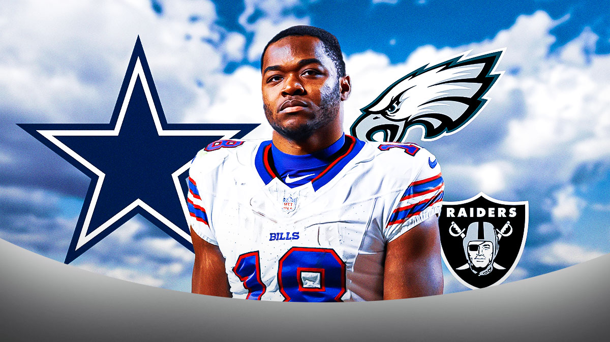 Amari Cooper in the middle, Cowboys, Raiders, Eagles logos in the background, Cloudy skies in the background