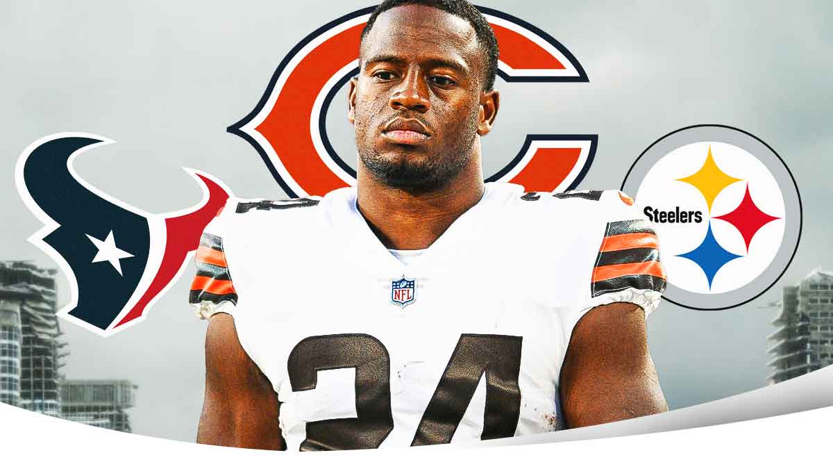 Nick Chubb in the middle, Bears, Texans, Steelers logos in the background, Cloudy skies in the background