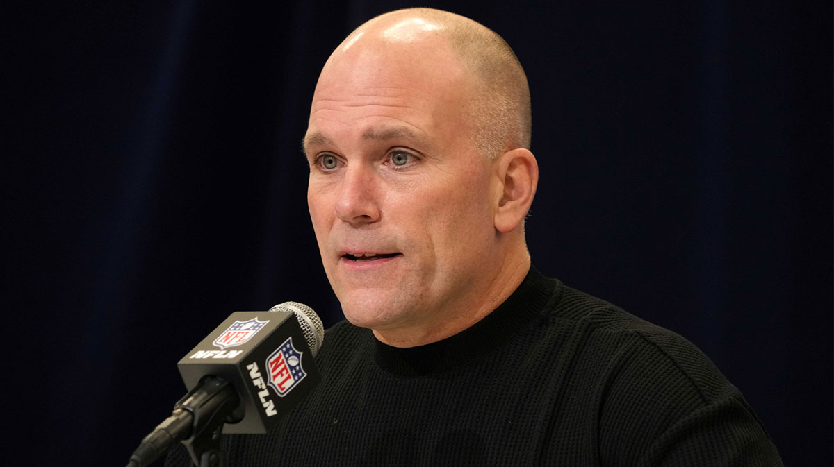 Baltimore Ravens general manager Eric DeCosta speaks during the NFL Scouting Combine at the Indiana Convention Center.