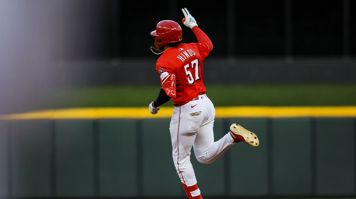 Cincinnati Reds outfielder Rece Hinds (57) reacts after hitting a solo home run in the seventh inning against the Cleveland Guardians at Great American Ball Park.