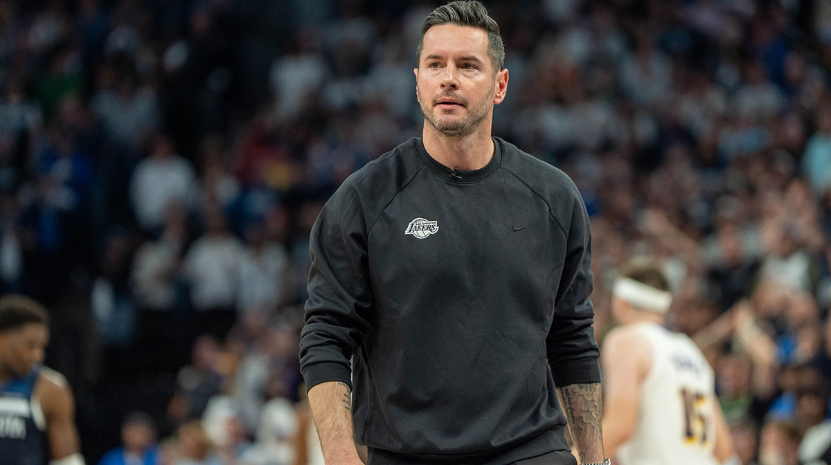 Los Angeles Lakers head coach JJ Redick reacts to his team losing the lead to the Minnesota Timberwolves late in the fourth quarter during game four of first round for the 2025 NBA Playoffs at Target Center.