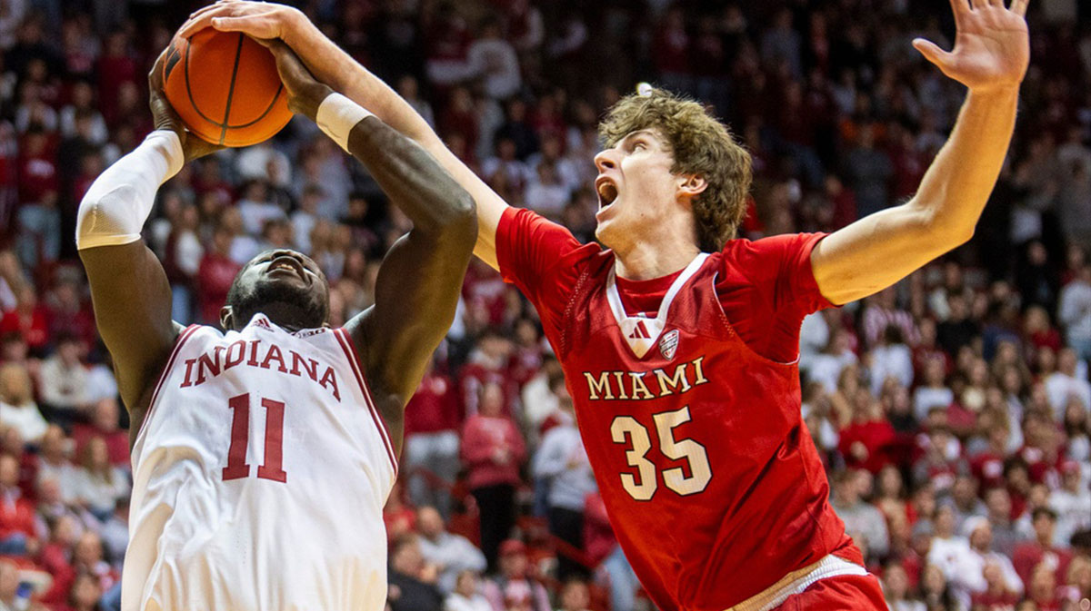 Indiana's Oumar Ballo (11) is fouled by Miami's Reece Potter (35) during the Indiana versus Miami (Ohio) men's basketball game