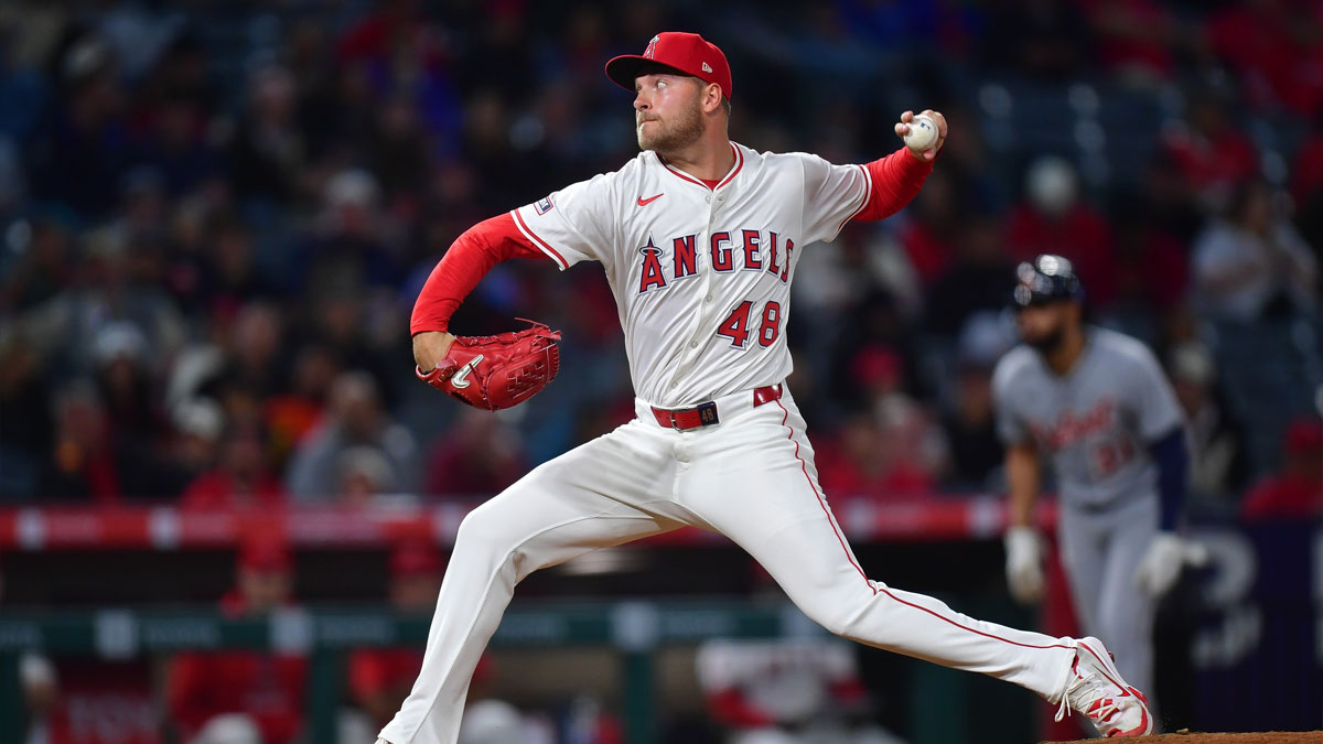 Los Angeles Angels pitcher Reid Detmers (48) throws against the Detroit Tigers during the eighth inning at Angel Stadium.