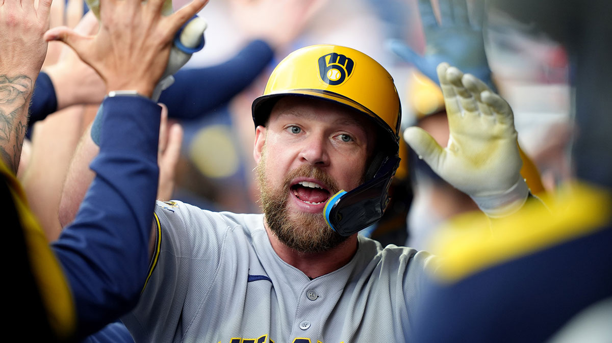 May 31, 2025; Philadelphia, Pennsylvania, USA; Milwaukee Brewers infielder Rhys Hoskins (12) celebrates with teammates after hitting a three-run home run against the Philadelphia Phillies in the first inning at Citizens Bank Park. Mandatory Credit: Kyle Ross-Imagn Images