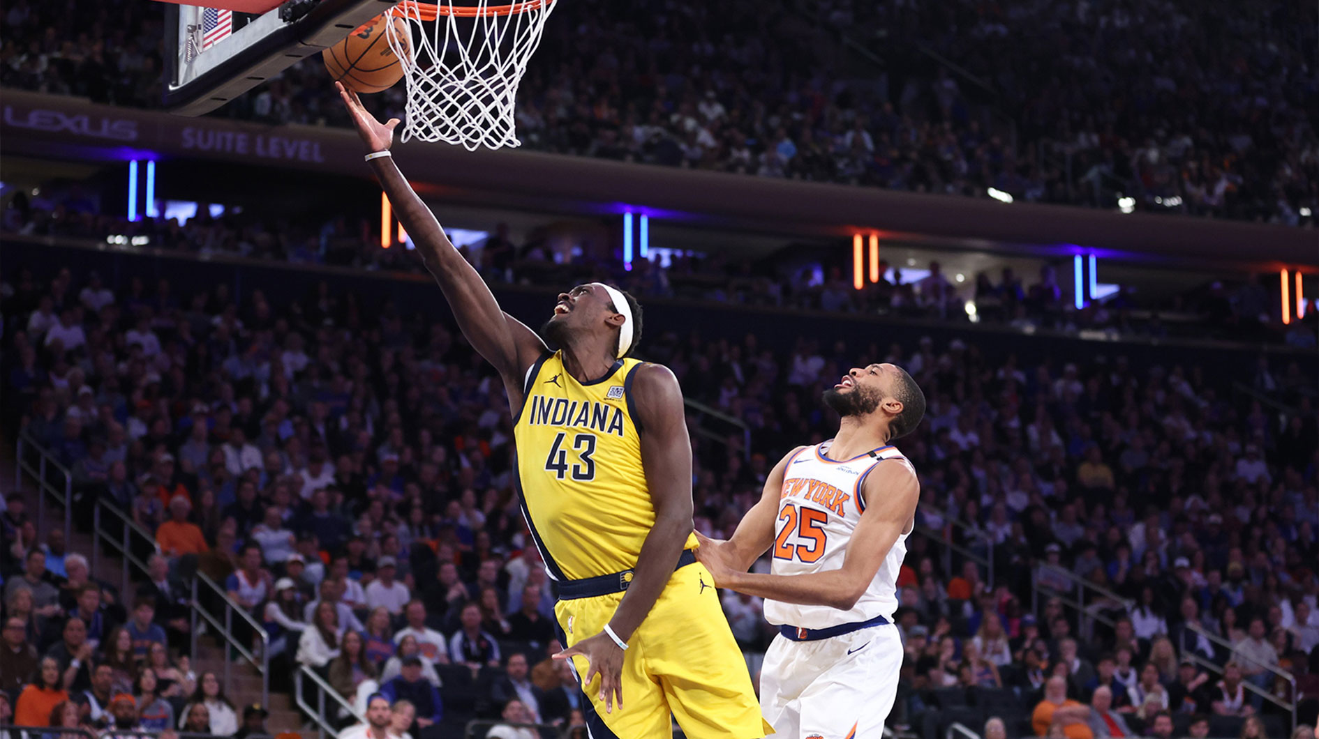 Indiana Pacers forward Pascal Siakam (43) shoots against New York Knicks forward Mikal Bridges (25) in the second quarter during game two of the eastern conference finals for the 2025 NBA Playoffs at Madison Square Garden.