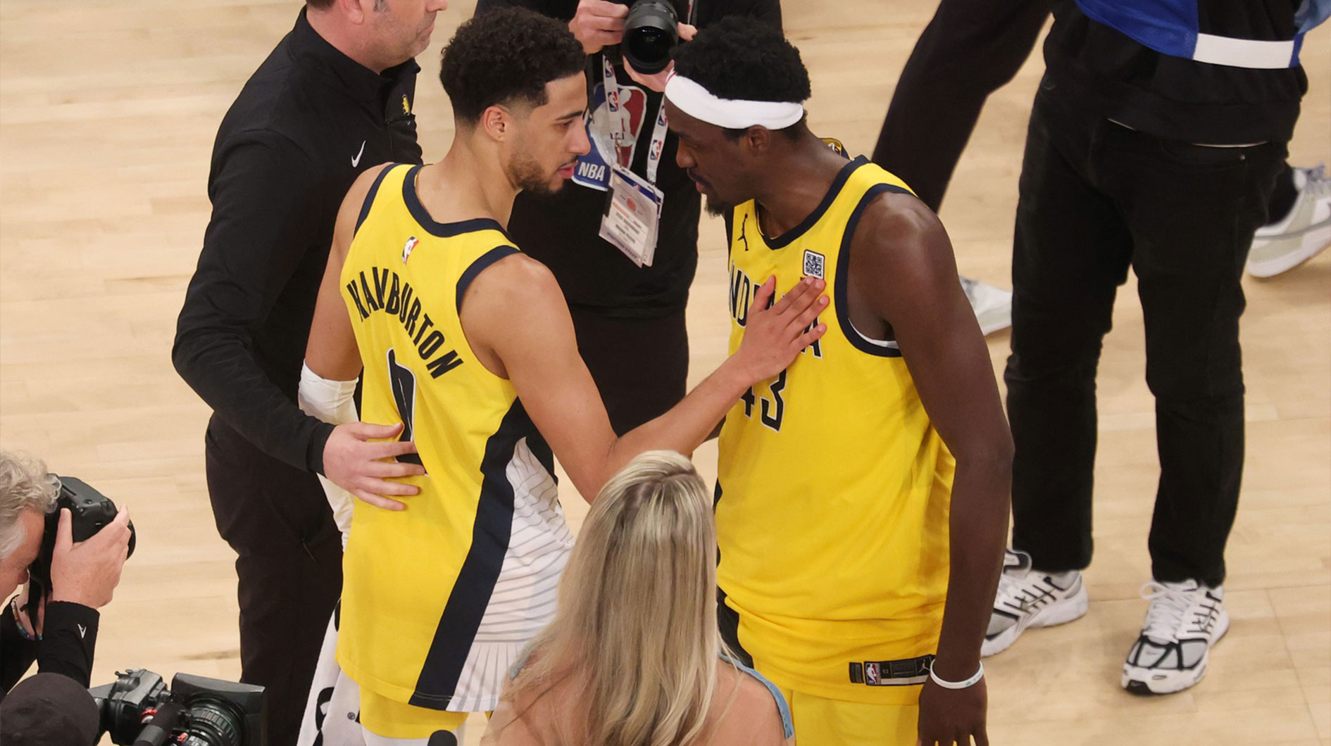 Indiana Pacers guard Tyrese Haliburton (0) and forward Pascal Siakam (43) embrace after defeating the New York Knicks in game two of the eastern conference finals for the 2025 NBA Playoffs at Madison Square Garden.