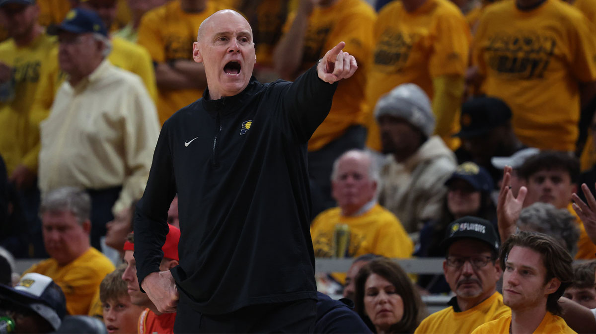 Indiana Pacers head coach Rick Carlisle shouts during the second quarter against the New York Knicks during game three of the eastern conference finals for the 2025 NBA Playoffs at Gainbridge Fieldhouse.