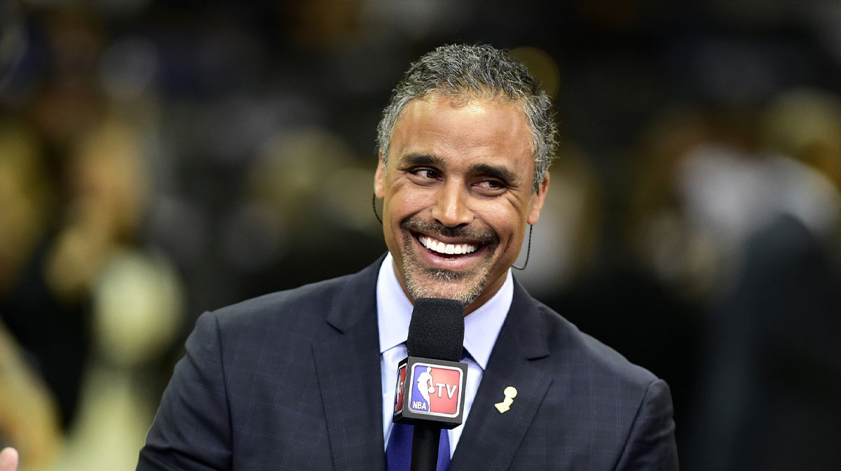 NBA TV analyst Rick Fox before game five of the 2014 NBA Finals between the San Antonio Spurs and the Miami Heat at AT&T Center.