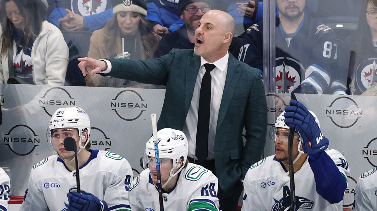 Vancouver Canucks head coach Rick Tocchet gestures during a game against the Winnipeg Jets in the third period at Canada Life Centre.