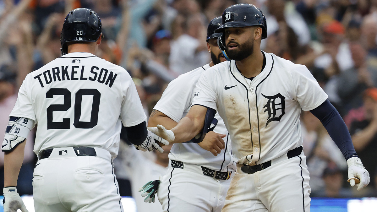 Detroit Tigers outfielder Riley Greene (31) receives congratulations from first base Spencer Torkelson (20) after he hits a three rum hits an RBI single third inning against the Boston Red Sox at Comerica Park.