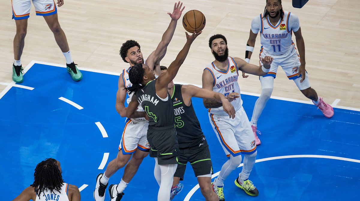 Thunder star Rob Dillingham shooting a shot during Thunder-Timberwolves Game 1 on May 20, 2025.