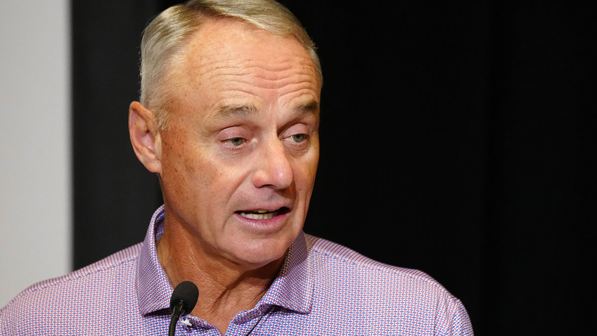 Rob Manfred, Commissioner of the MLB, speaks to the media during Cactus League media day at the Arizona Biltmore on Feb. 18, 2025, in Phoenix.