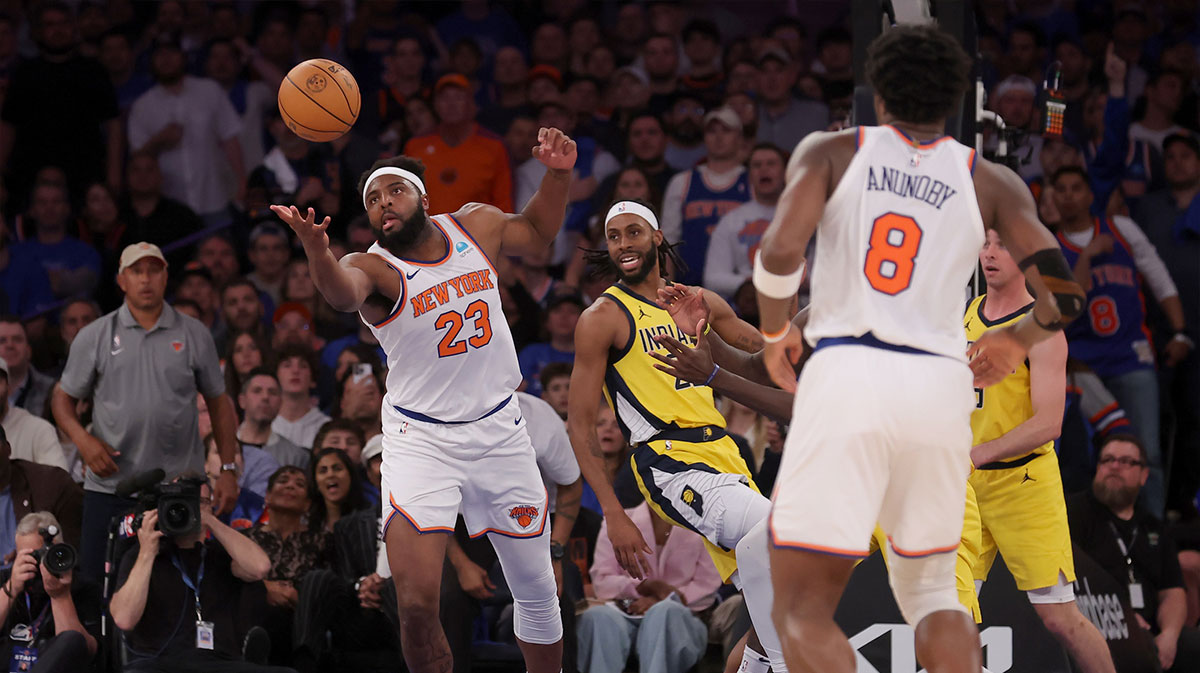 New York Knicks center Mitchell Robinson (23) grabs a rebound against Indiana Pacers forward Isaiah Jackson (22) during the fourth quarter of game one of the second round of the 2024 NBA playoffs at Madison Square Garden.