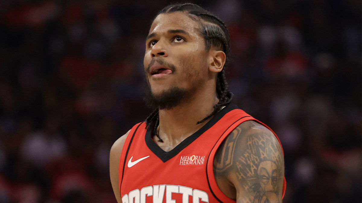 Houston Rockets guard Jalen Green (4) reacts while playing against the Golden State Warriors in the second quarter during game five of first round for the 2025 NBA Playoffs at Toyota Center.