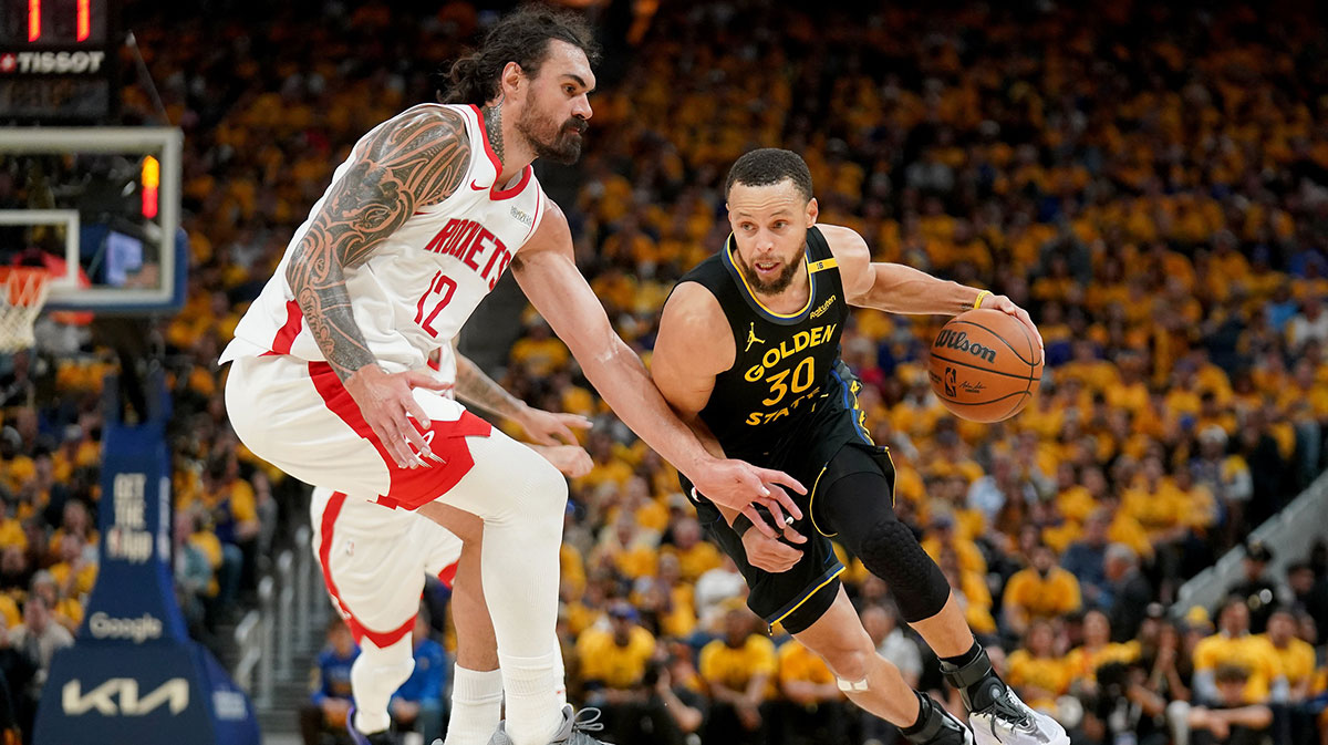 Golden State Warriors guard Stephen Curry (30) dribbles past Houston Rockets center Steven Adams (12) in the third quarter of game six of the first round for the 2025 NBA Playoffs at Chase Center.