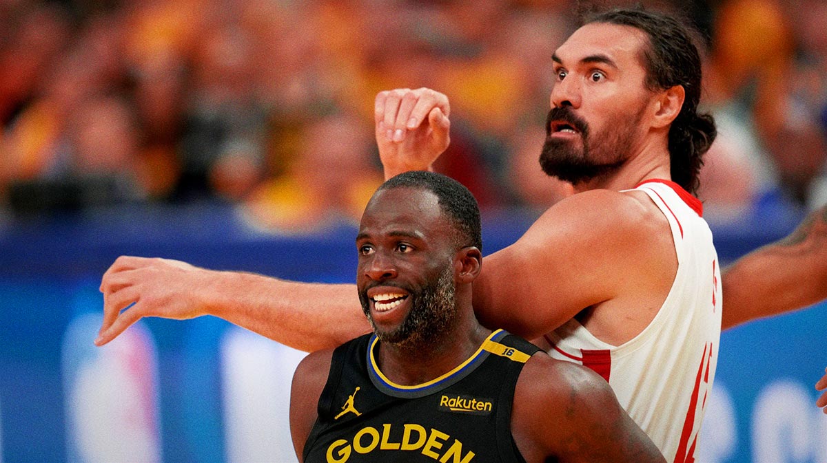 Warriors forward Draymond Green (23) battles for position with Houston Rockets center Steven Adams (12) in the fourth quarter of game six of the first round for the 2025 NBA Playoffs at Chase Center