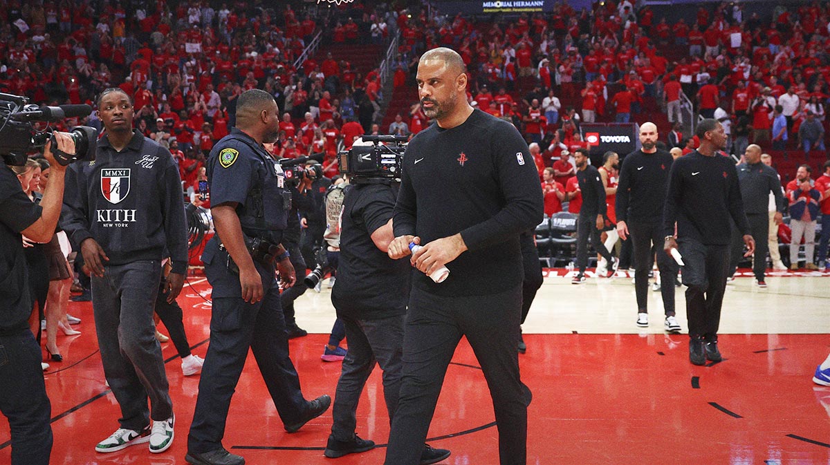 Houston Rockets head coach Ime Udoka walks off the court after game two of the first round for the 2024 NBA Playoffs at Toyota Center.
