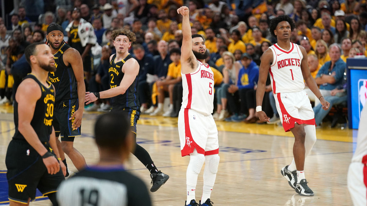 Rockets guard Fred VanVleet (5) reacts after making a three-point basket against the Golden State Warriors in the fourth quarter of game six of the first round for the 2025 NBA Playoffs at Chase Center
