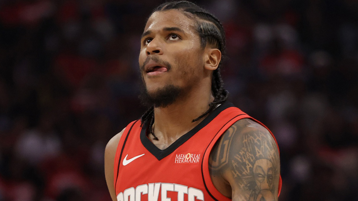 Rockets guard Jalen Green (4) reacts while playing against the Golden State Warriors in the second quarter during game five of first round for the 2025 NBA Playoffs at Toyota Center