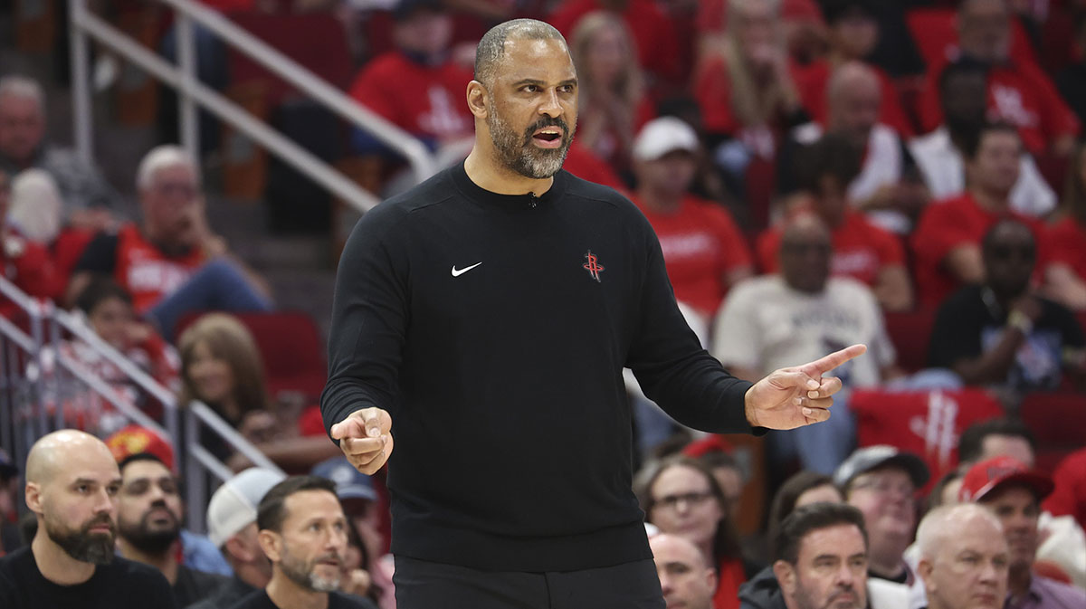 Houston Rockets head coach Ime Udoka reacts during the first half of game seven of the first round for the 2025 NBA Playoffs against the Golden State Warriors at Toyota Center.