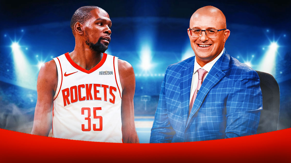 Bobby Marks with question marks around him, and a thought bubble of Kevin Durant in a Houston Rockets jersey