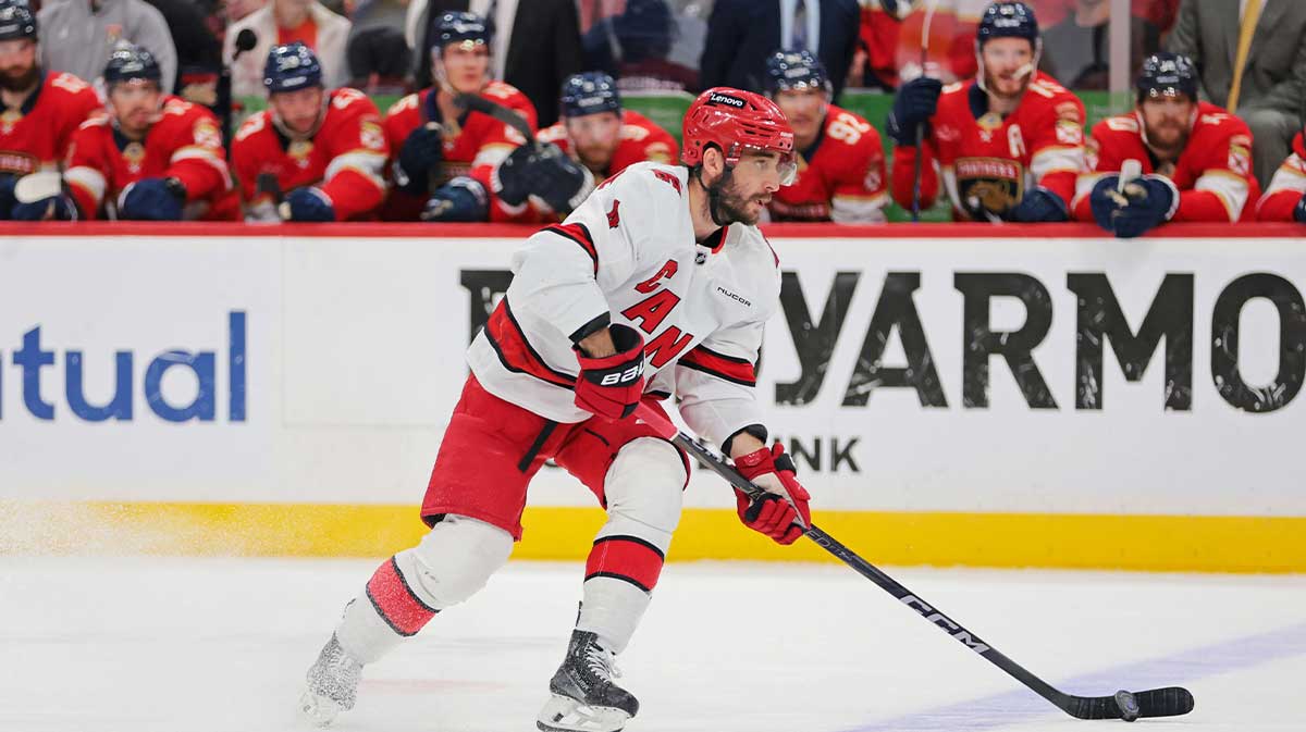 Carolina Hurricanes center Seth Jarvis (24) goes for there puck during the first period against the Florida Panthers in game three of the Eastern Conference Final of the 2025 Stanley Cup Playoffs at Amerant Bank Arena.