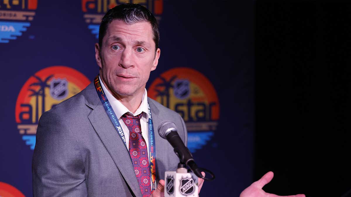 Metropolitan Division coach Rod Brind'Amour of the Carolina Hurricanes talks to the media before the 2023 NHL All-Star Game at FLA Live Arena.
