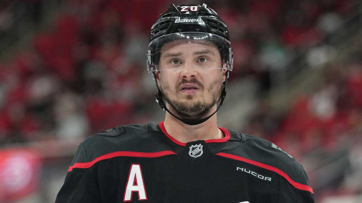 Carolina Hurricanes forward Sebastian Aho (20) looks on during the third period against the Florida Panthers in game one of the Eastern Conference Final of the 2025 Stanley Cup Playoffs at Lenovo Center.