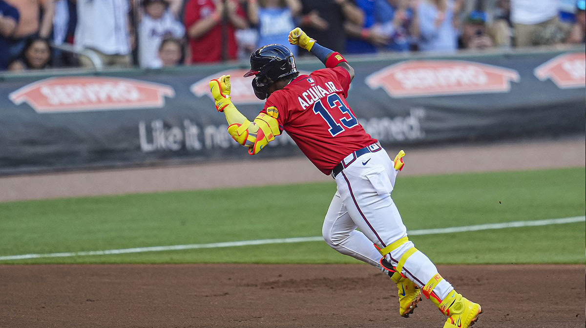 Atlanta Braves right fielder Ronald Acuna Jr (13) reacts after hitting a lead off home run.