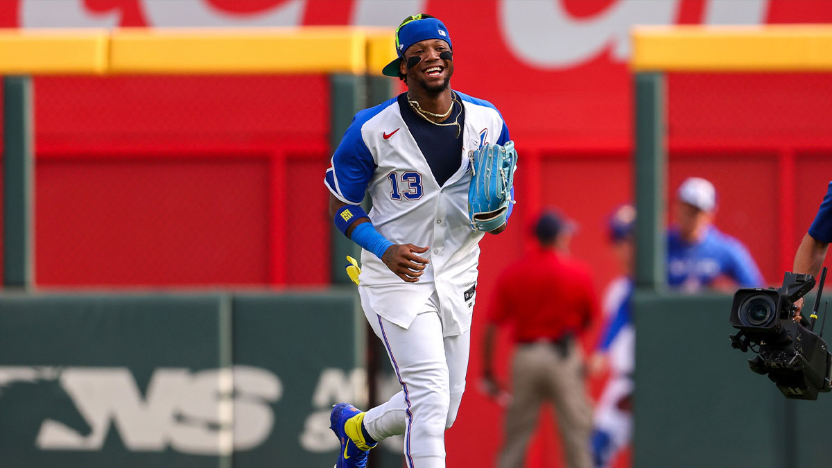 Atlanta Braves right fielder Ronald Acuna Jr. (13) celebrates after a victory over the San Diego Padres at Truist Park.