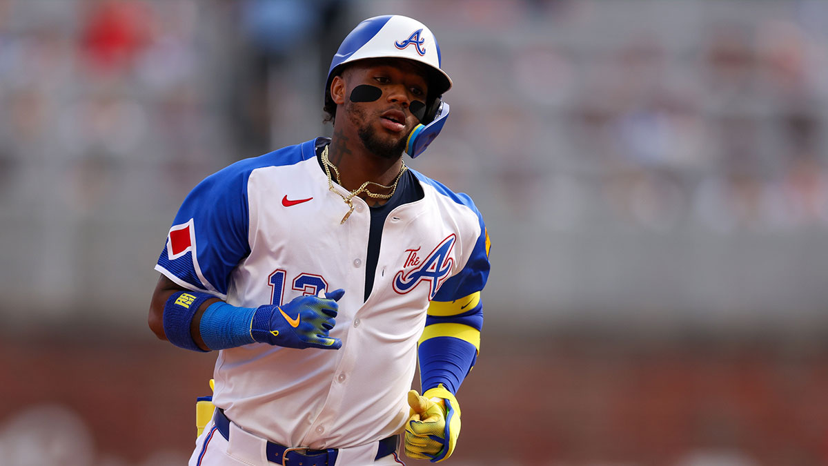 Atlanta Braves right fielder Ronald Acuna Jr. (13) celebrates after a two-run home run against the San Diego Padres in the sixth inning at Truist Park