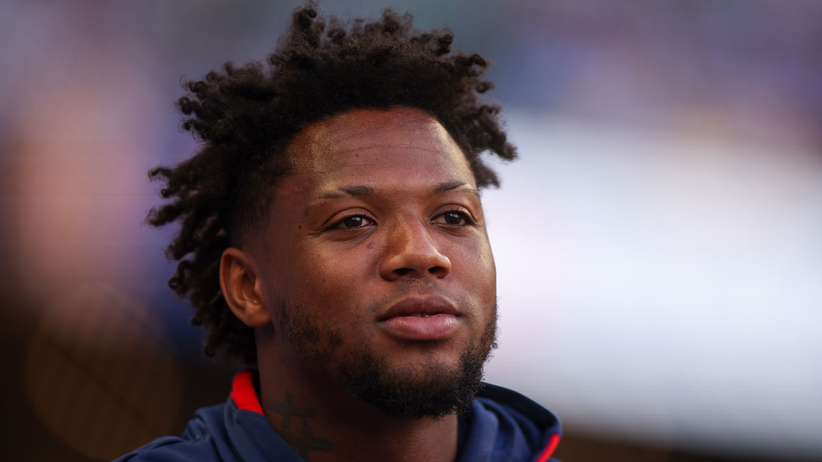Atlanta Braves right fielder Ronald Acuna Jr. (13) in the dugout against the Washington Nationals in the first inning at Truist Park.