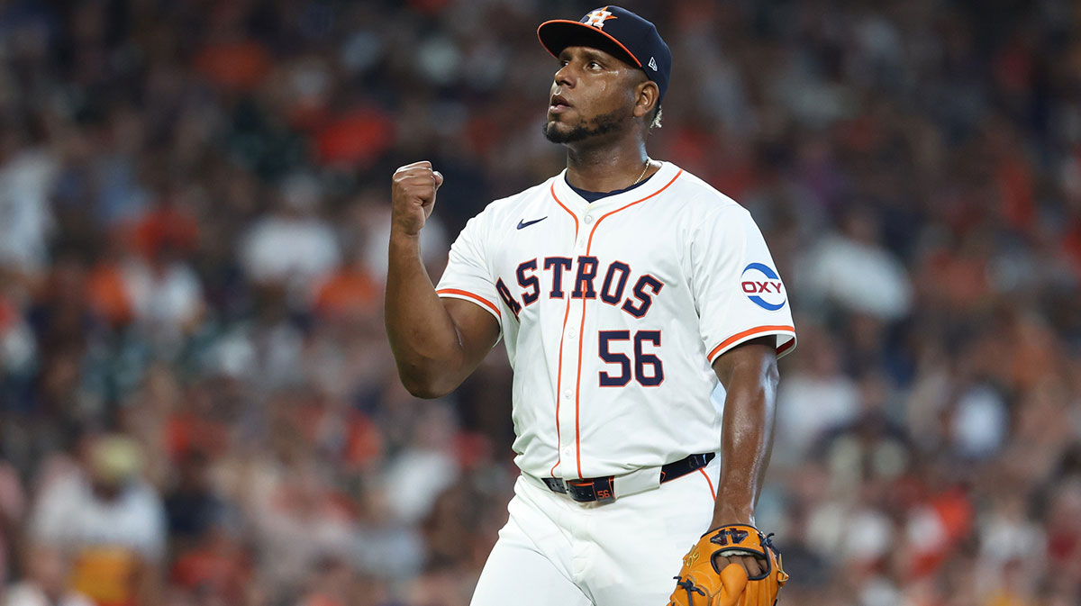 Houston Astros pitcher Ronel Blanco (56) reacts after getting out of the 6th inning against the Detroit Tigers in game one of the Wild Card round for the 2024 MLB Playoffs