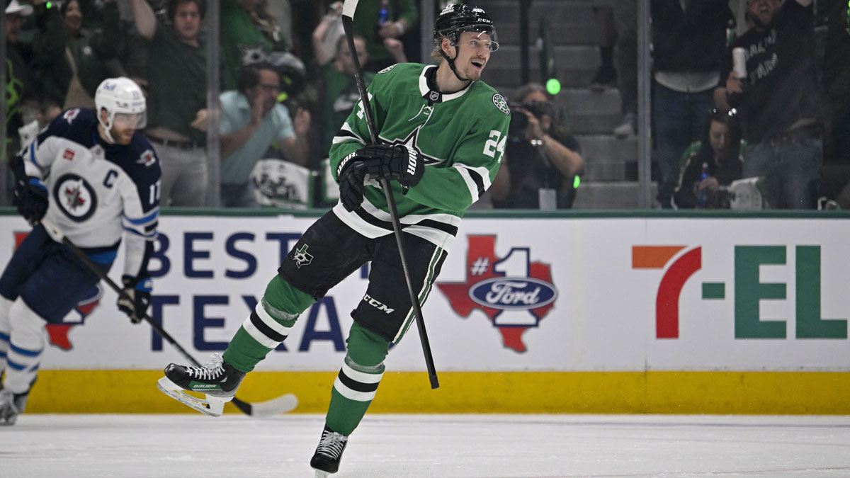 Dallas Stars center Roope Hintz (24) celebrates a goal during the game between the Dallas Stars and the Winnipeg Jets in game three of the second round of the 2025 Stanley Cup Playoffs at American Airlines Center.