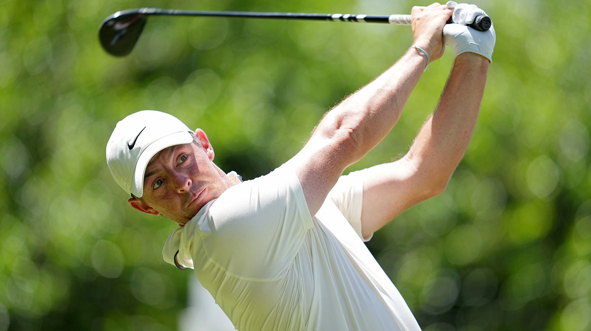 Rory McIlroy tees off on the 14th hole during the final round of the PGA Championship golf tournament at Quail Hollow.