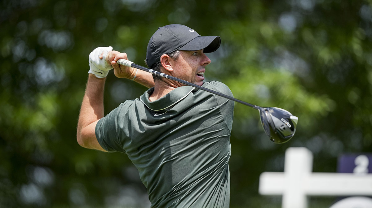 Rory McIlroy tees off at the second hole during the first round of the PGA Championship golf tournament at Quail Hollow.