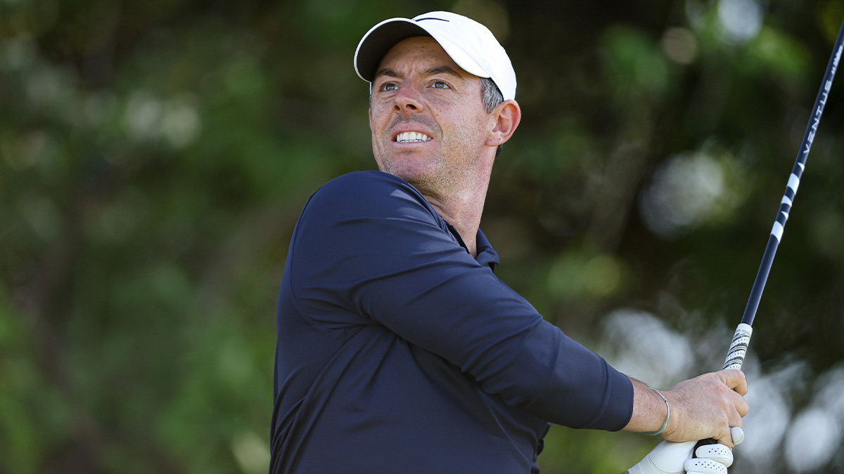 Rory McIlroy plays his shot from the tenth tee during the third round of the Truist Championship golf tournament.