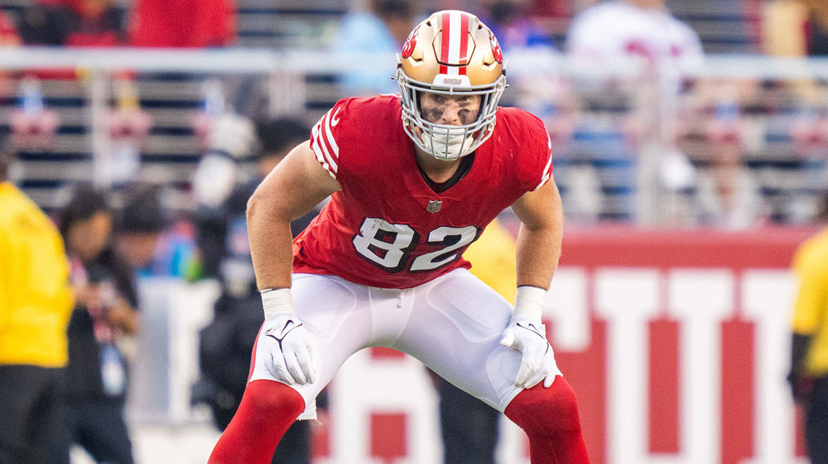 September 21, 2023; Santa Clara, California, USA; San Francisco 49ers tight end Ross Dwelley (82) during the second quarter against the New York Giants at Levi's Stadium. Mandatory Credit: Kyle Terada-Imagn Images
