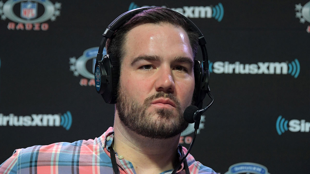 Ross Tucker on the SiriusXM NFL Radio set on radio row at the Super Bowl LIII media center at the Georgia World Congress Center.