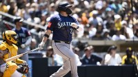 San Diego, California, USA; Seattle Mariners first baseman Rowdy Tellez (23) hits a double during the fourth inning against the San Diego Padres at Petco Park.