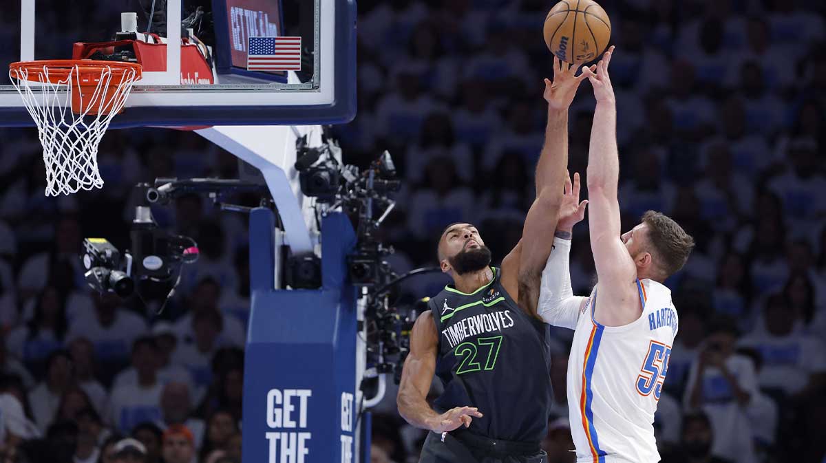 Oklahoma City Thunder center Isaiah Hartenstein (55) shoots against Minnesota Timberwolves center Rudy Gobert (27) in the second quarter during game one of the western conference finals for the 2025 NBA Playoffs at Paycom Center.