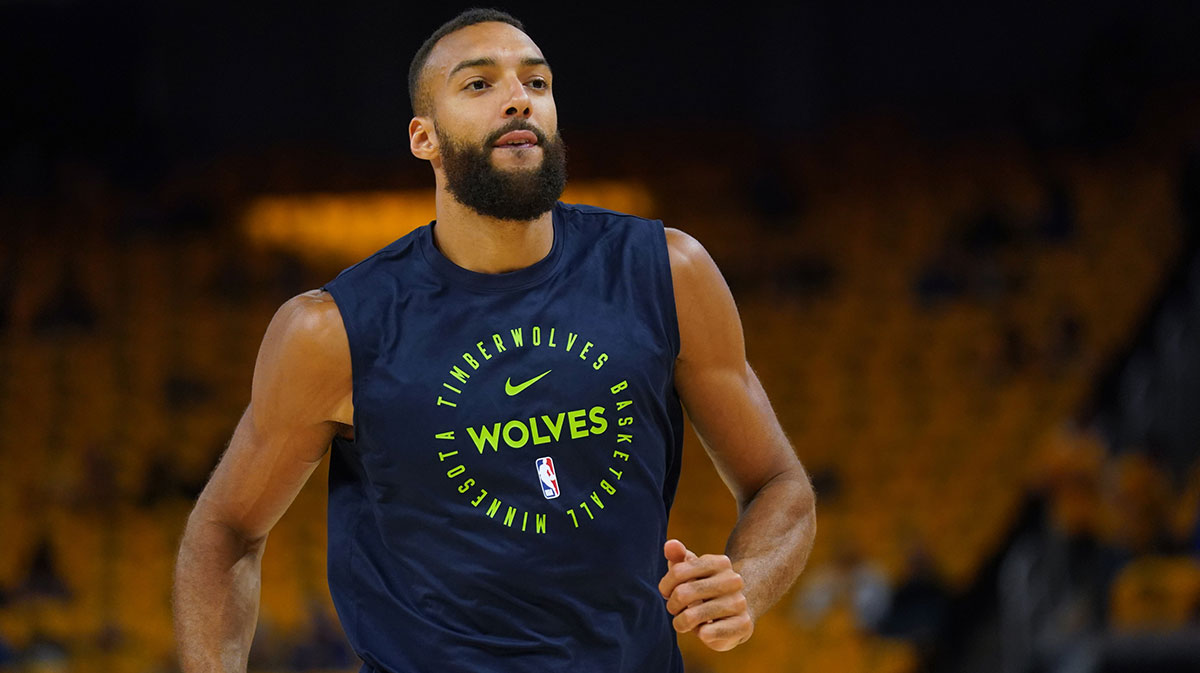 Minnesota Timberwolves center Rudy Gobert (27) jogs towards the locker room before the start of the game against the Golden State Warriors during game four of the second round for the 2025 NBA Playoffs at Chase Center.