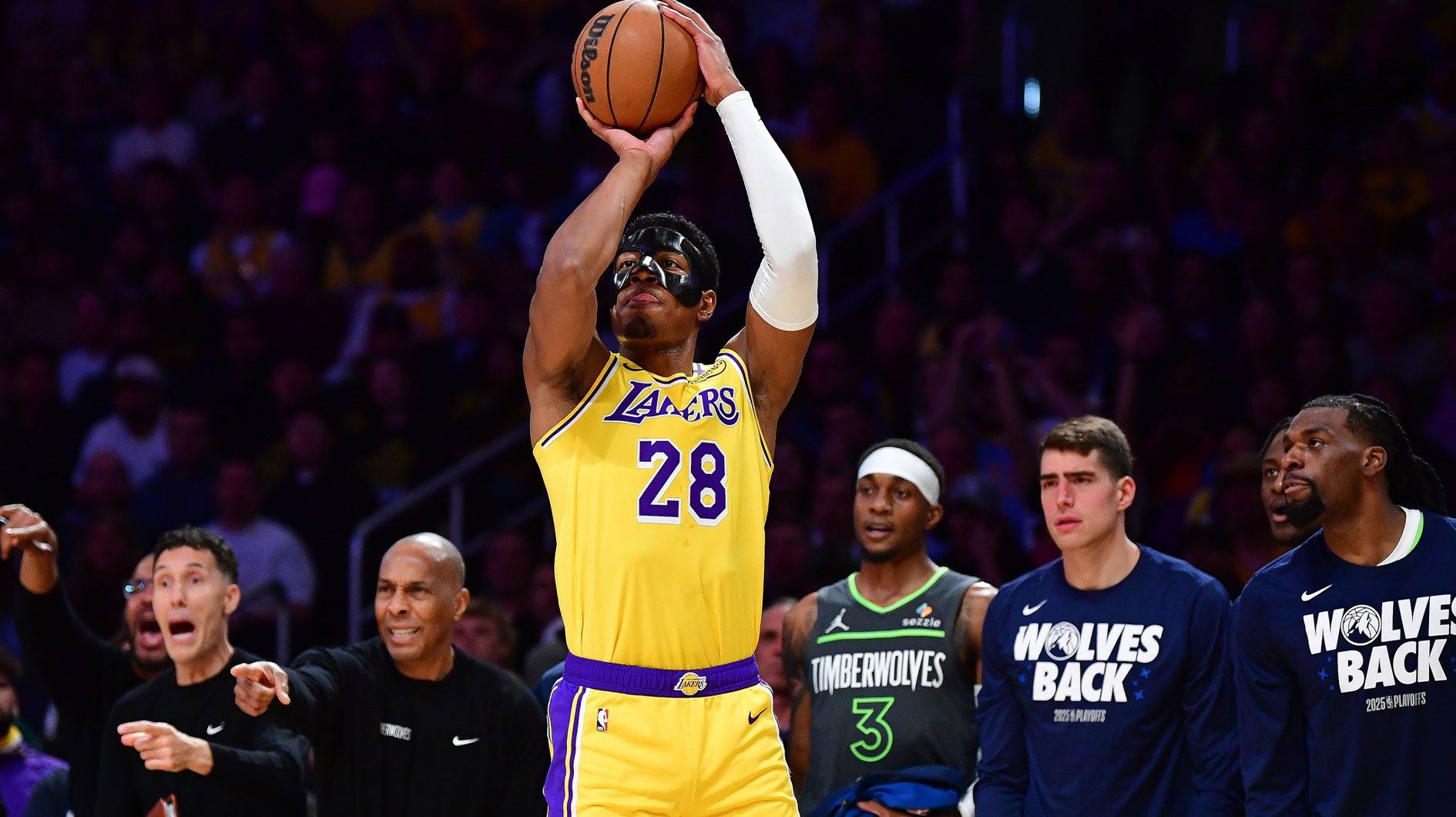 Los Angeles Lakers forward Rui Hachimura (28) shoots against the Minnesota Timberwolves during the first half in game five of first round for the 2025 NBA Playoffs at Crypto.com Arena.