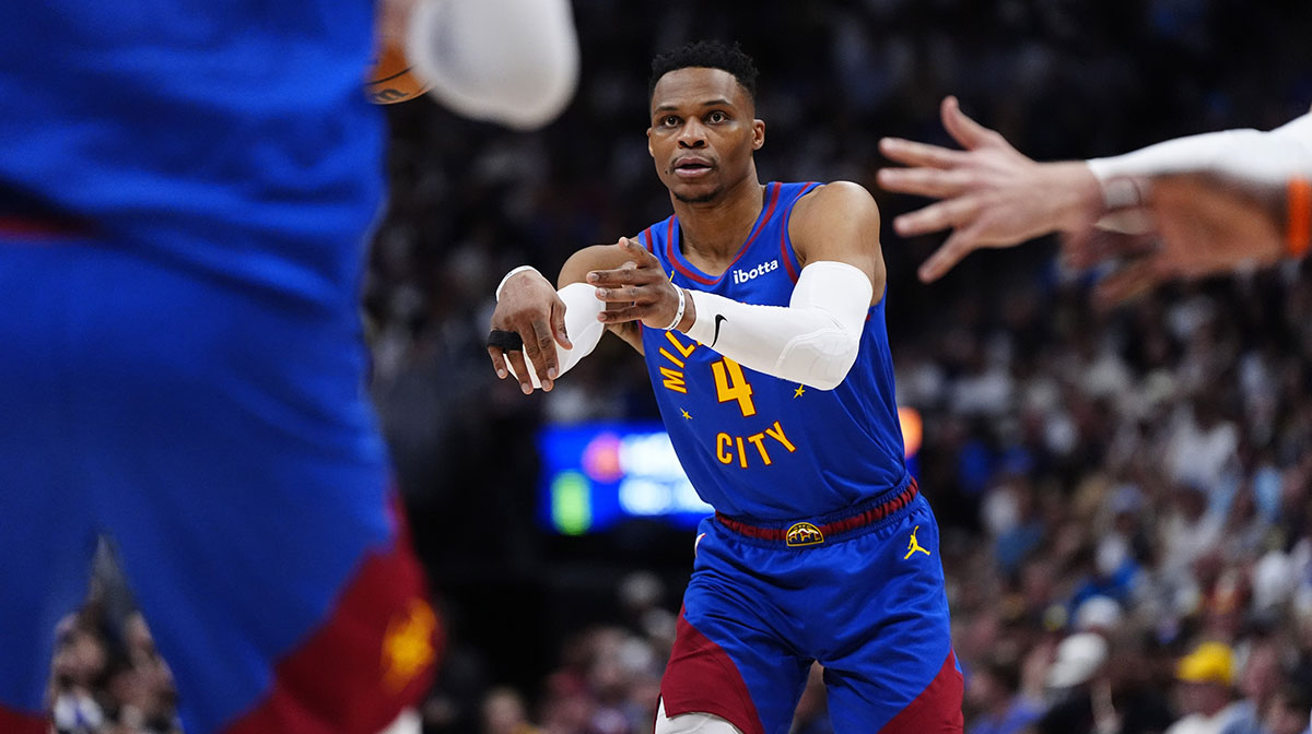 Denver Nuggets guard Russell Westbrook (4) passes in the third quarter against the LA Clippers during game seven of first round for the 2025 NBA Playoffs at Ball Arena.