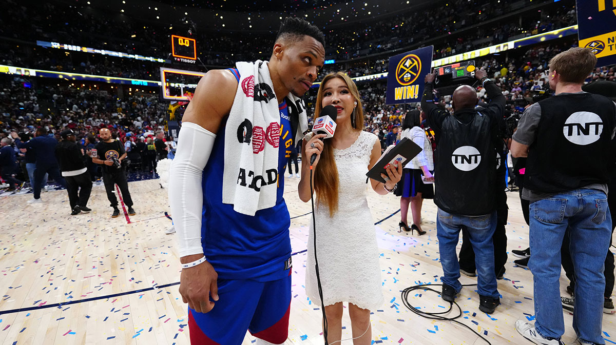 Denver Nuggets guard Russell Westbrook (4) is interviewed by ESPN reporter Betty Zhou following the win against the LA Clippers in the game seven of first round for the 2025 NBA Playoffs at Ball Arena.