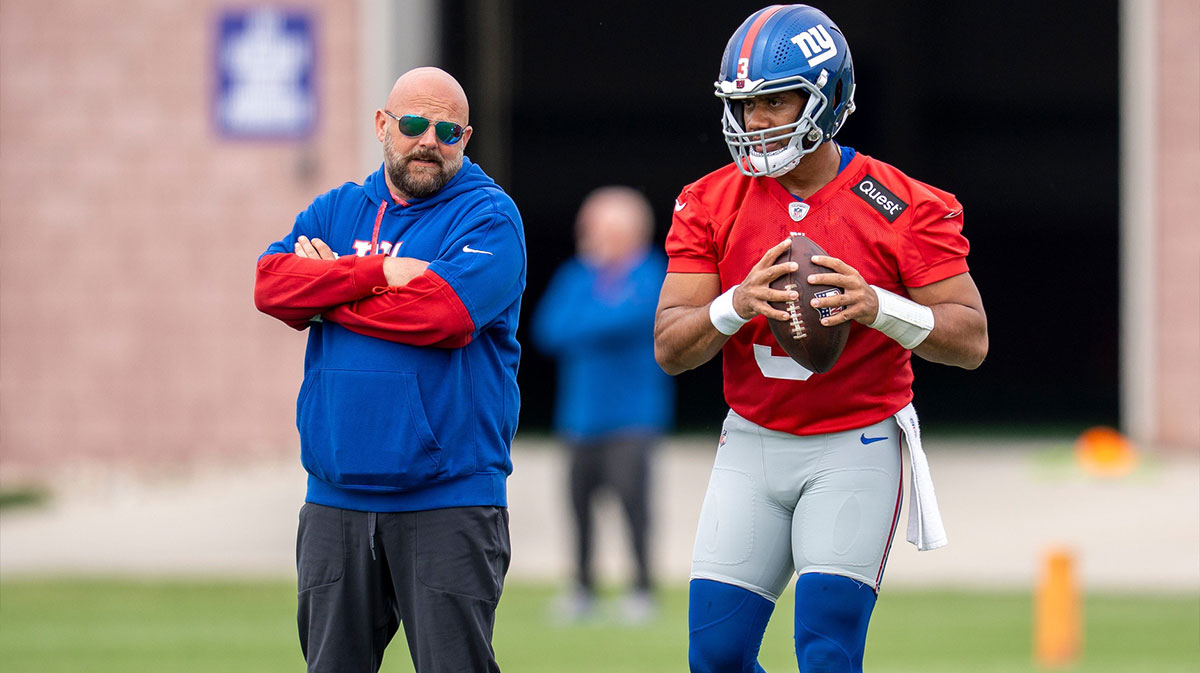 Head coach Brian Daboll and Russell Wilson, quarterback with the NY Giants, are shown during practice at Quest Diagnostics Training Center, East Rutherford, NJ, May 28, 2025.