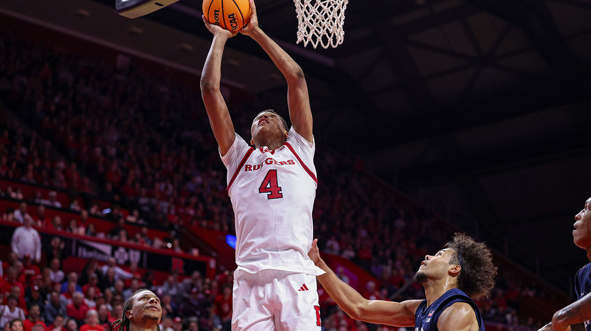 Rutgers Scarlet Knights guard Ace Bailey (4) goes to the basket during the second half against the Penn State Nittany Lions at Jersey Mike's Arena.